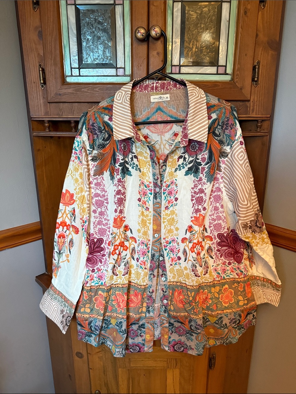 Natural Life Barcelona Cotton Button Down Shirt Paisley Floral Boho Medium